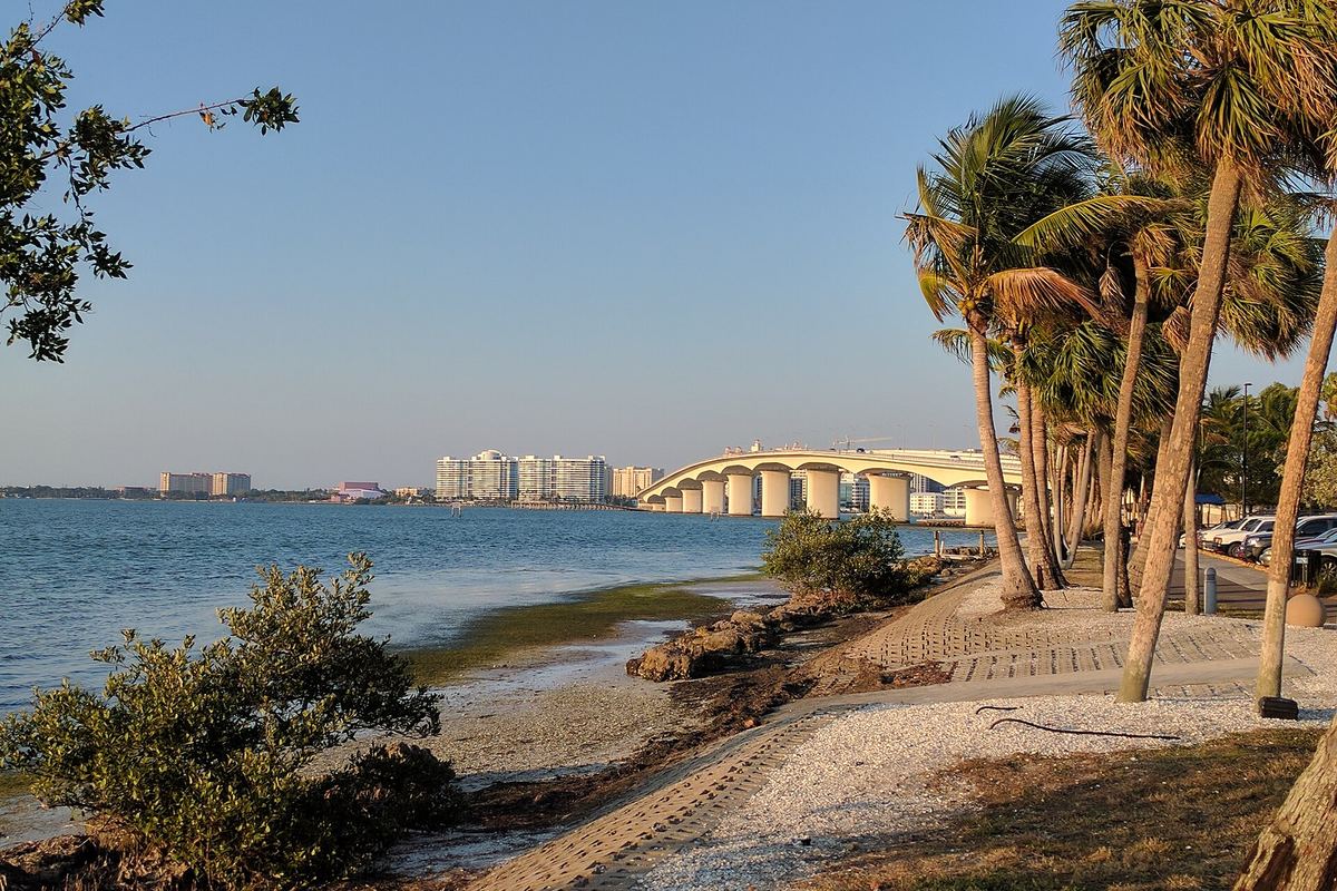 View from Bird Key across Sarasota Bay to the John Ringling Causeway and the downtown skyline