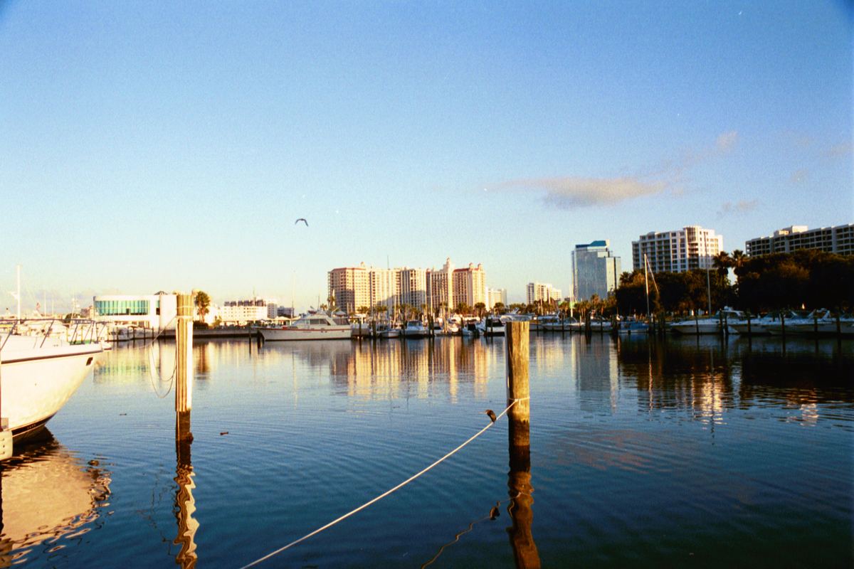 Sunrise over the boats and skyline at Bayfront Park Marina in Downtown Sarasota